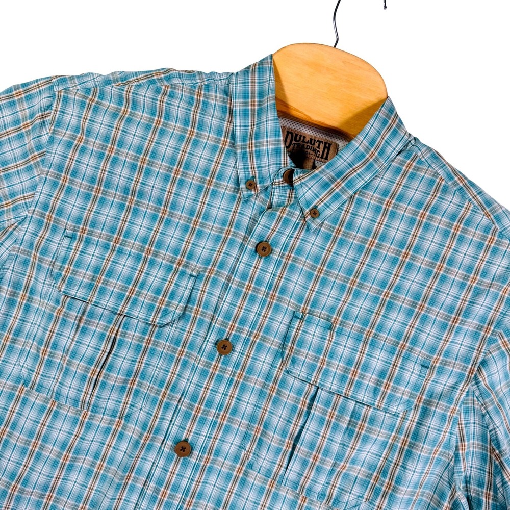 Duluth Mens L Blue Plaid Short Sleeve Button Up Shirt Gorpcore Fishing Hiking